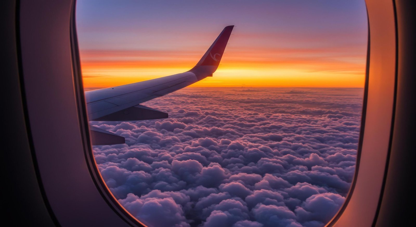 Airplane wing above clouds at sunset — international travel with Haby Global Services