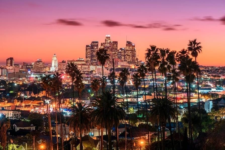 Los Angeles skyline at sunset with palm trees